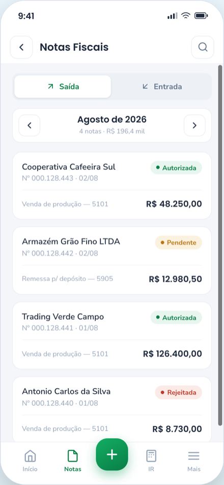 Lista de notas fiscais no aplicativo, separadas por status
