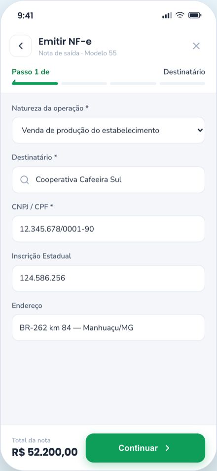 Tela de emissão de nota fiscal em poucos passos